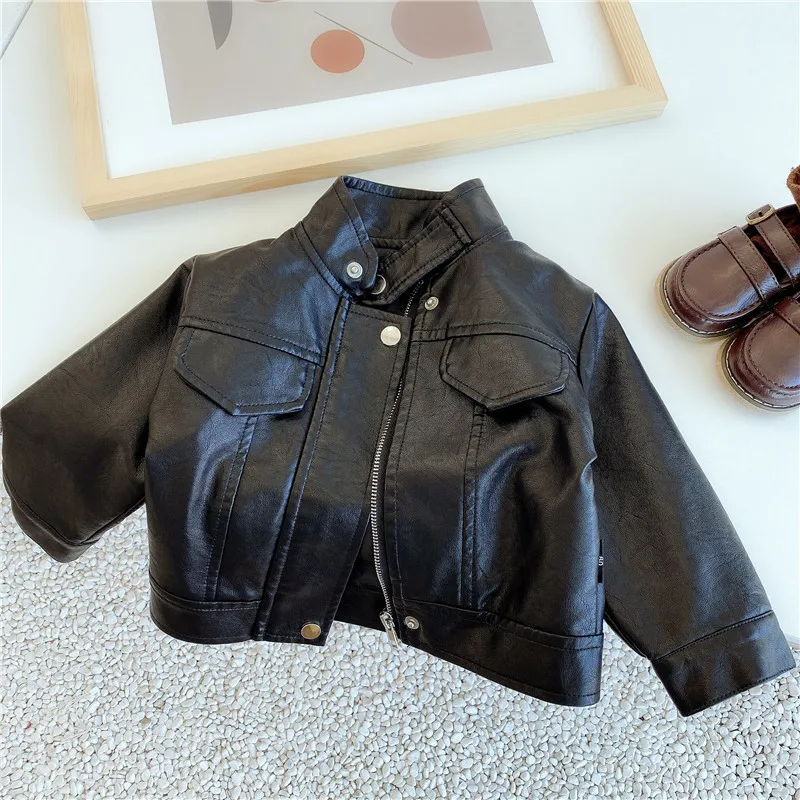 2024 New Girls Boys Black Pu Zipper Jackets Kids Baby Leather Jacket Spring Autumn Cool Coat Children Clothes Overcoats 2-6T