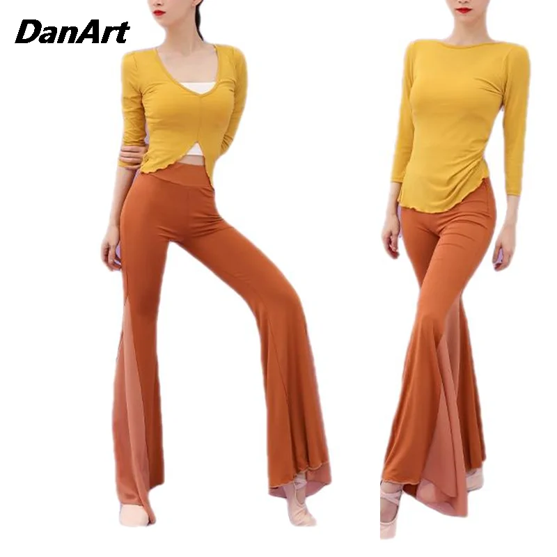 Ladies Sexy Dance Costume V Neck Tops and Wide Leg Flared Pants Suit DancePractice Training Costume Elegant Goddess Set