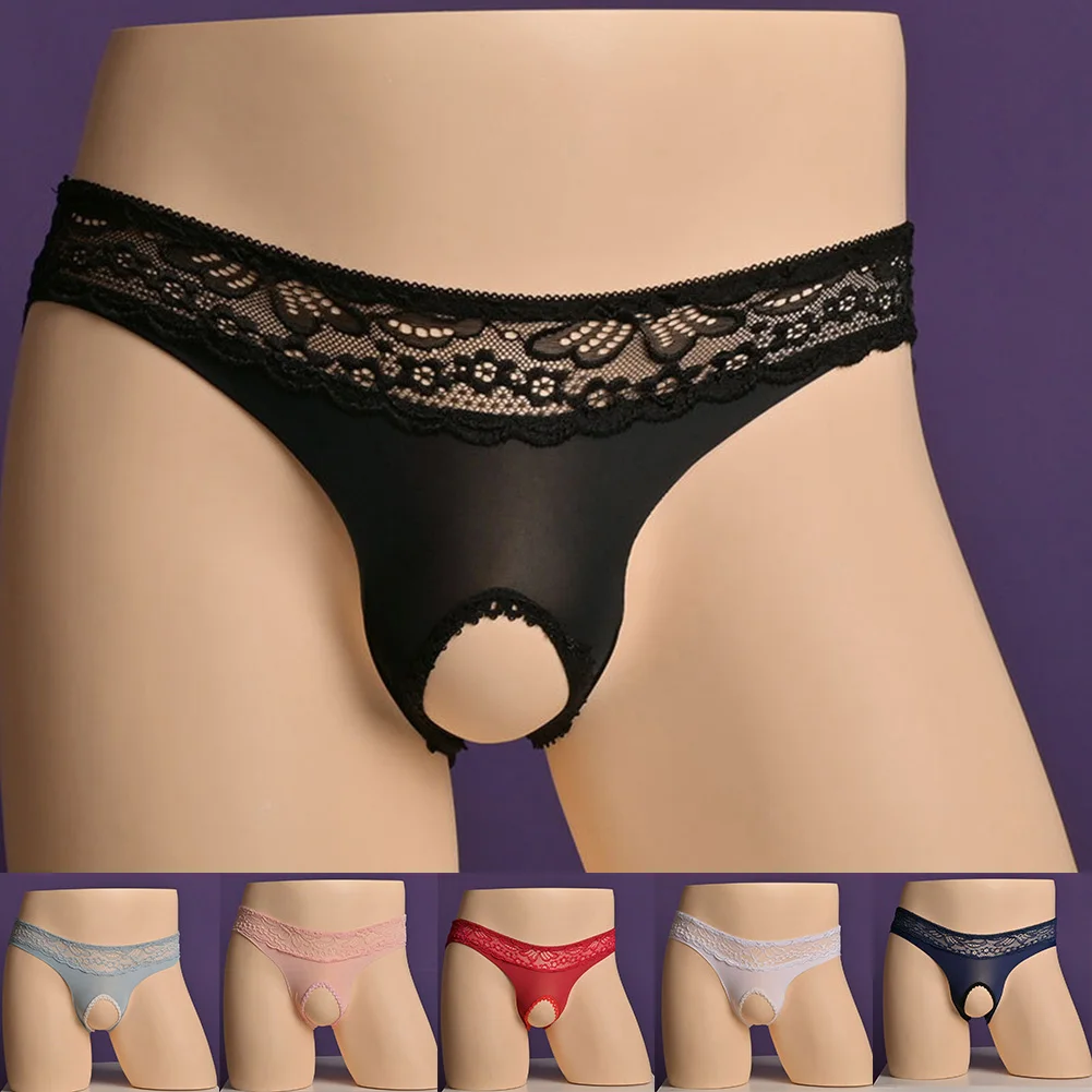 Men And Women Crothless Underwear Sexy Lace Briefs Low Waist Ice Silk Underpants Sissy Pouch Underpants Sex Love G-String