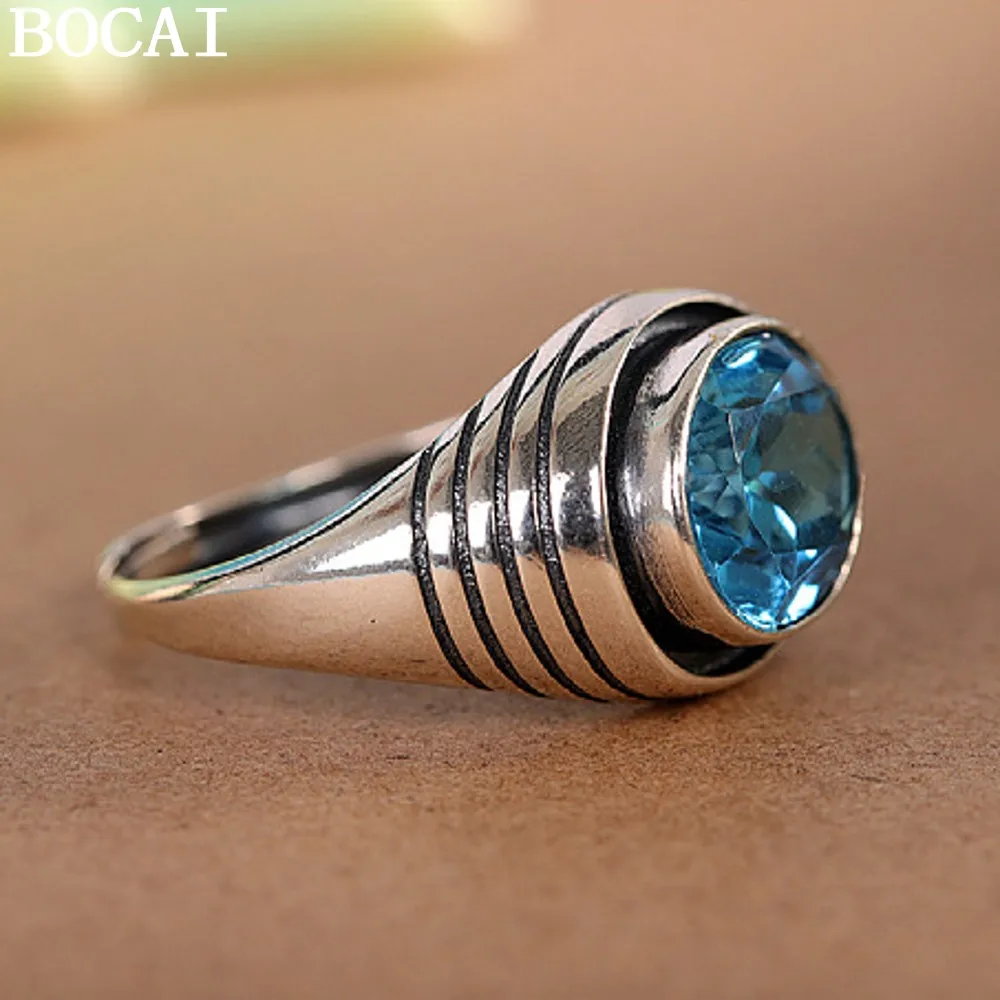 

BOCAI S925 Sterling Silver Simple And Stylish Inlaid With Egg Shaped Topaz Ring Adjustable