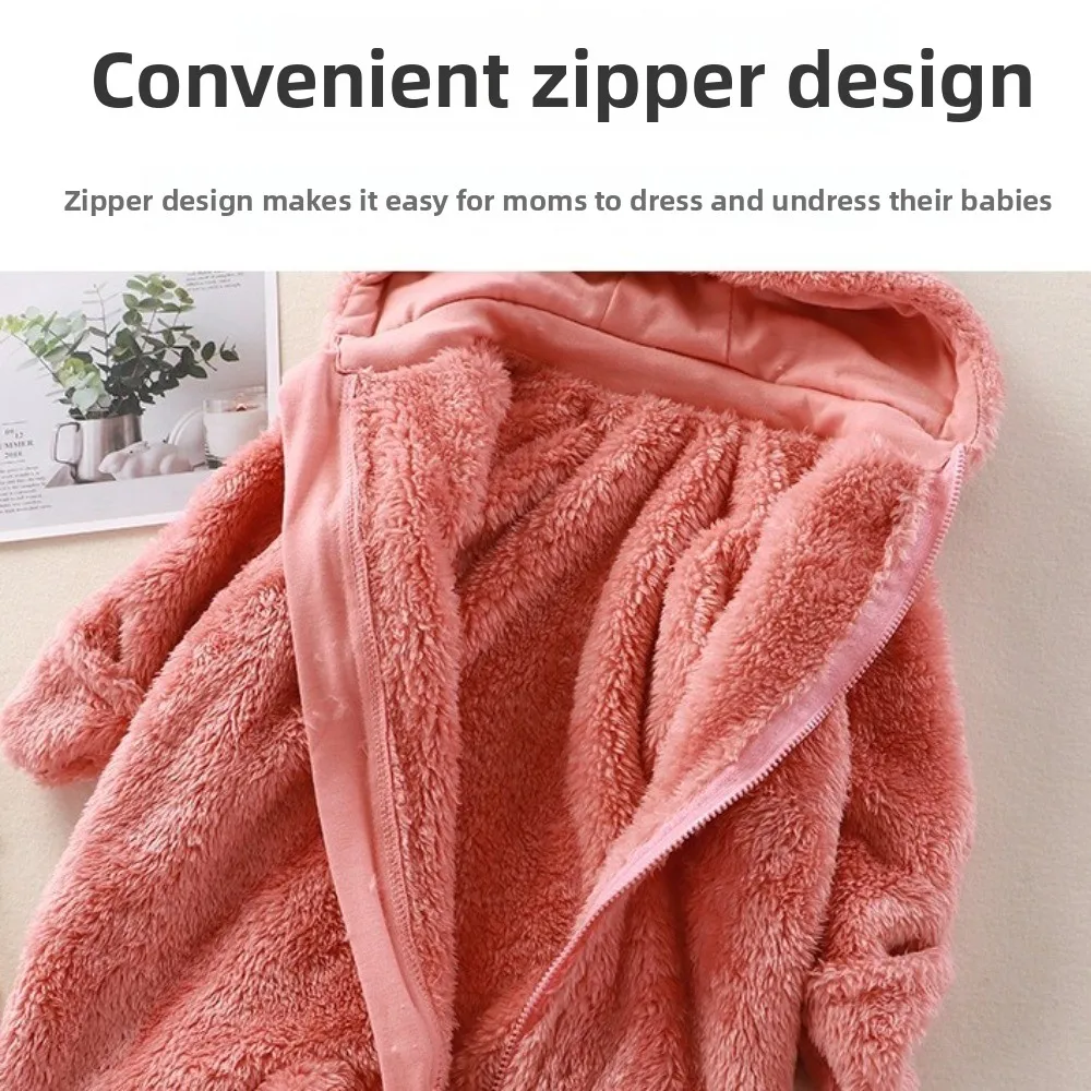 Cute Bear Hooded Rompers Warm Zipper Closure Infant Onesies Winter Fleece Hooded Design Pajamas Winter Season