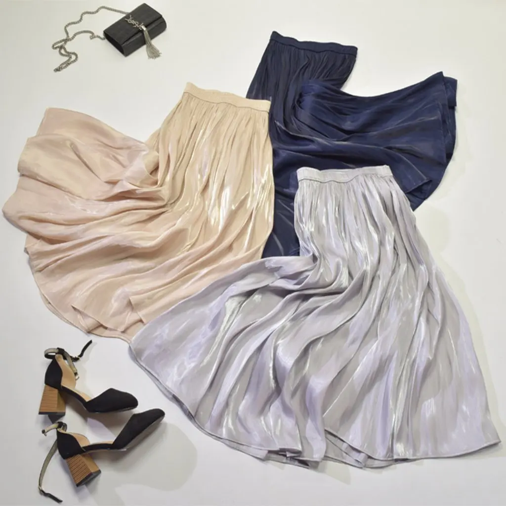 

Elegant High Waist Pleated Skirt for Women Pearlescent Glossy Silky Draped Large Hem A-Line Mid-Length Summer Autumn New