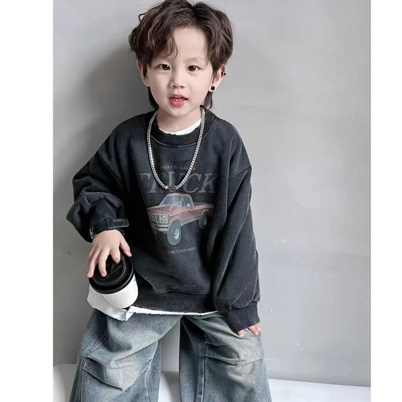 Boys\' Long Sleeved Shirt Jeans Two-piece Sets Spring Autumn 2024 New Korean Fashion Casual Vintage Print Loose Pants Suits