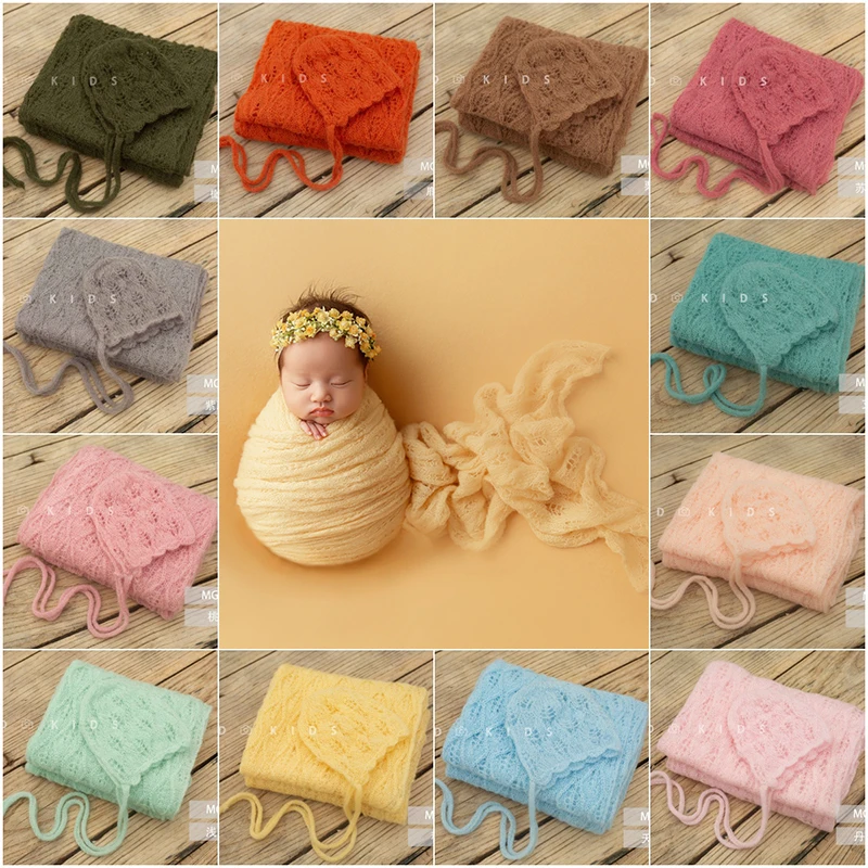 KD Newborn Photography Props Knitted Hollow Wrap + Hat Set Soft Wool Posing Background Blanket Lace Hat Studio Photo Accessories