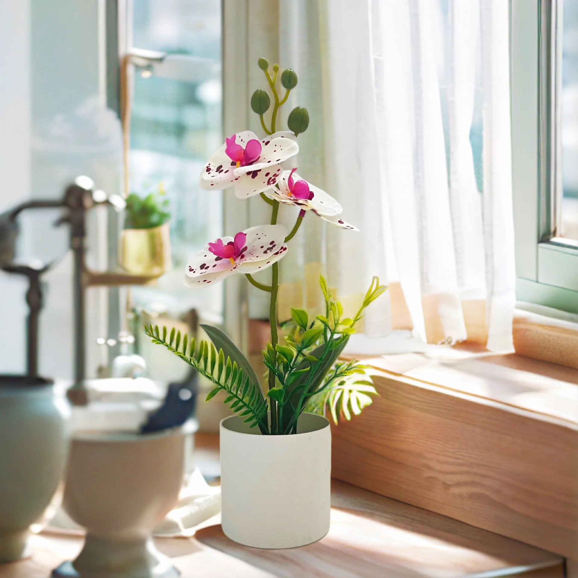 Simulierte Blume, Schmetterling, Orchidee, Topfpflanze, 3 Blumen, Büro, Wohnzimmer, Desktop, Bonsai, Fotografie, Foto, Geschenk