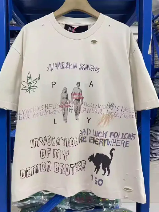 

Paly American West Coast Rhinestone Printed Loose Casual Short Sleeve T-Shirt Unisex Spring Summer Cotton round Neck Tee