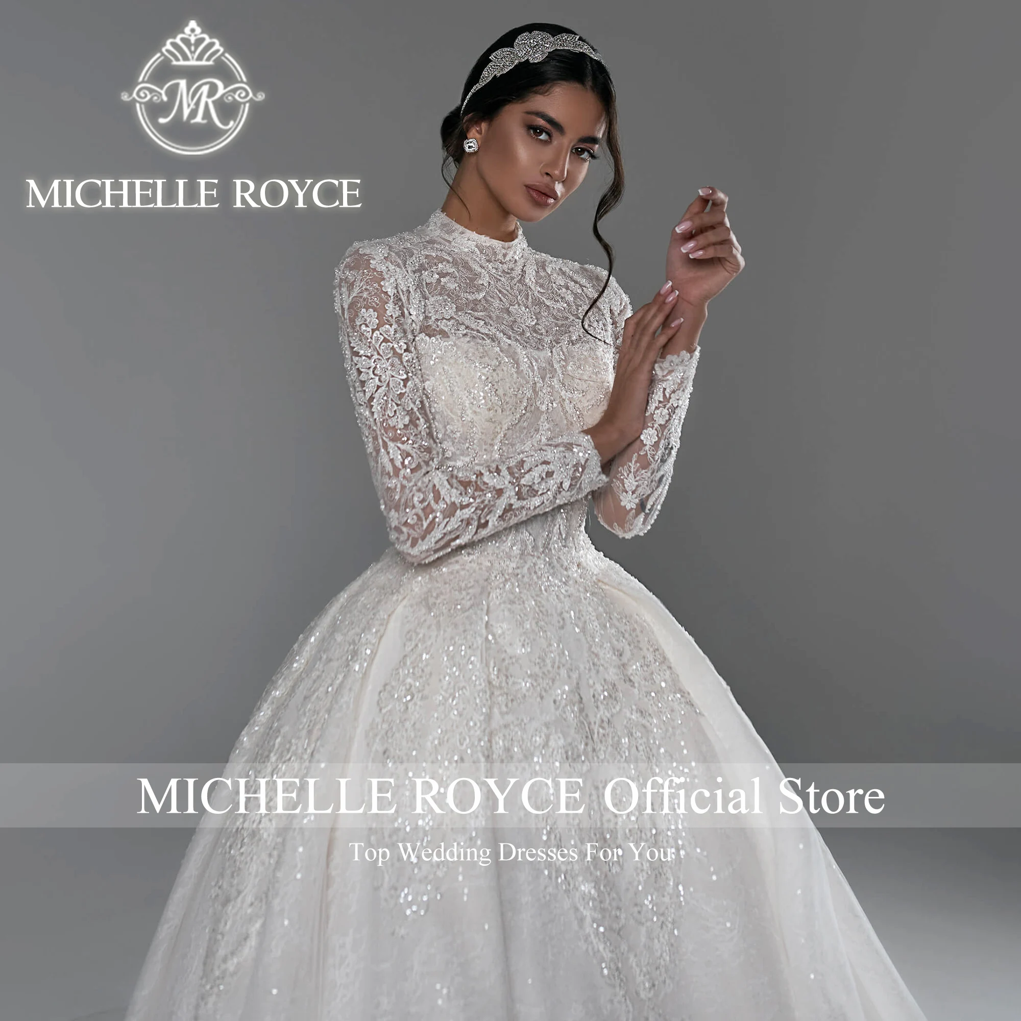 Michelle Royce Ball Gown Wedding Dress 2024 Extravagant HIGH Embroidery Sequined Sparkling Tulle Wedding Gown Vestidos De Novia