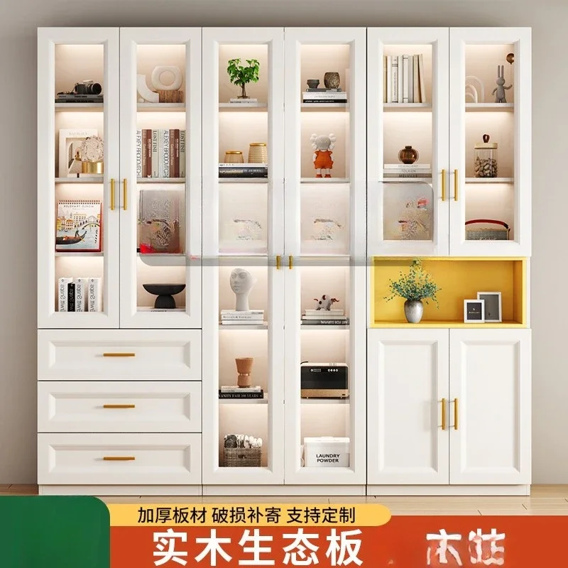 Modern Farmhouse Clear Glass Walnut Display Shelf Multi Tier with Doors Drawers Floor Standing Child Safe for Work Space