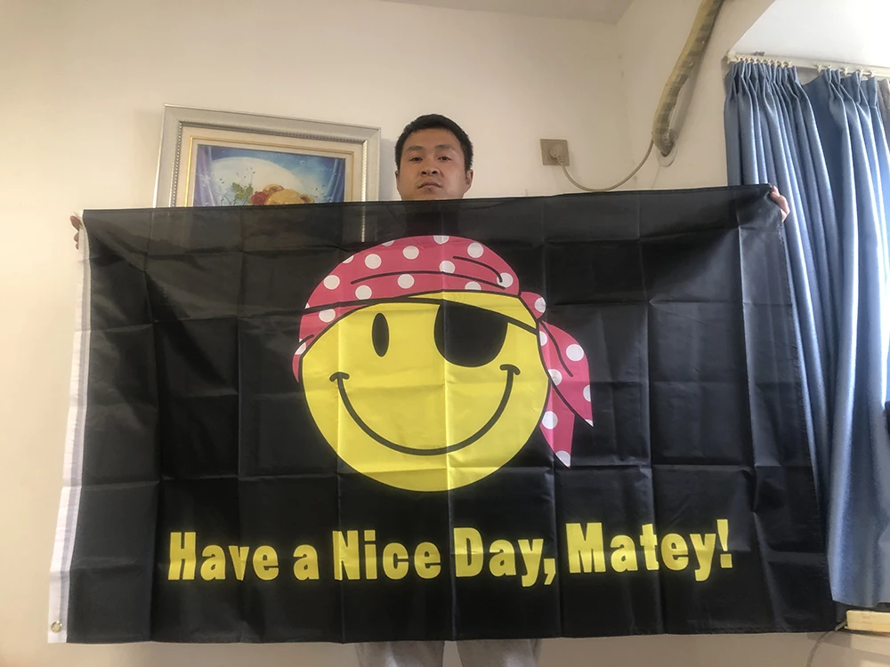 SKY FLAG 90X150CM Black Yellow Polyester Fabrics 3x5fts Have A Nice Day Matey One Eyed Pirate Smile Cosplay Party Sign Flag