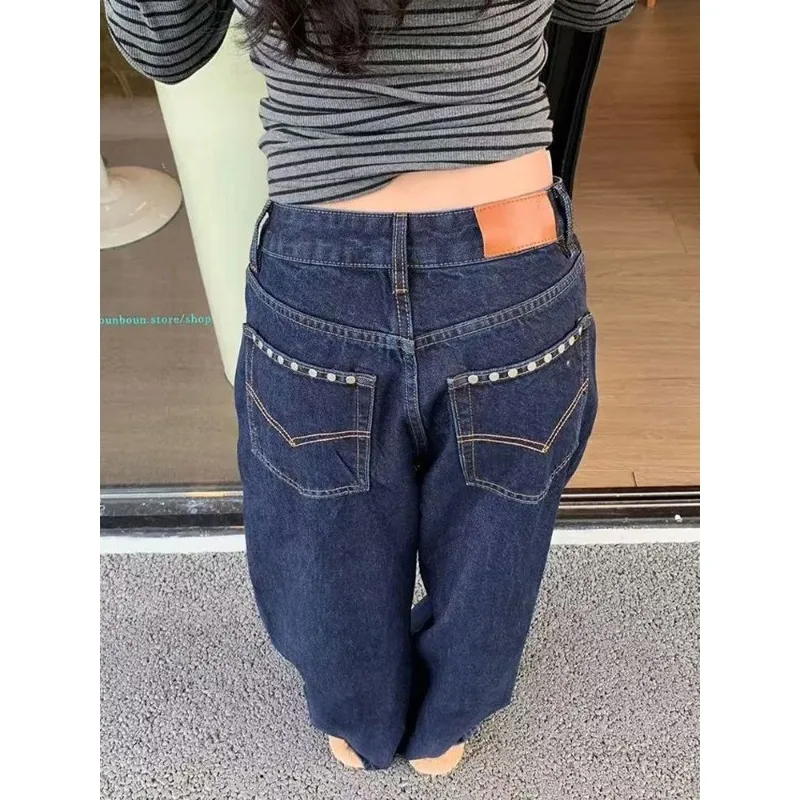 

Женские осенние синие джинсы с высокой талией 202, Y2K, американские винтажные джинсы с высокой талией 2000-х годов, прямые повседневные свободные широкие джинсовые брюки