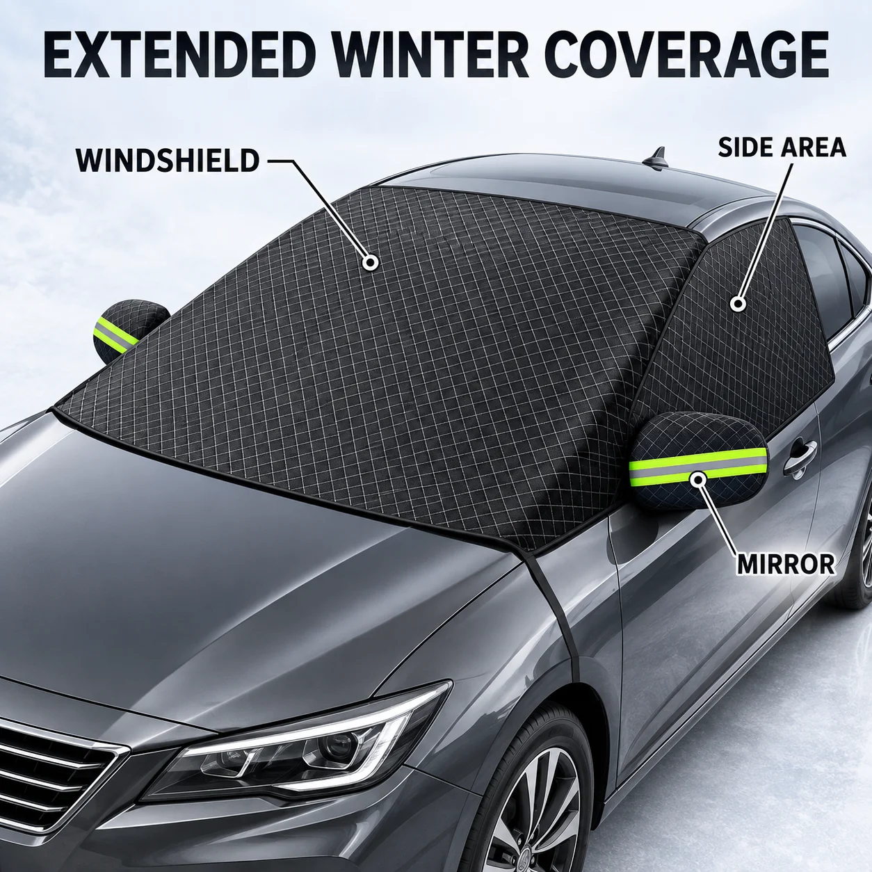 Car Windshield Snow Cover with Side Mirror Covers, Magnetic Frost Ice Protector with Elastic Straps for Cars SUVs Winter