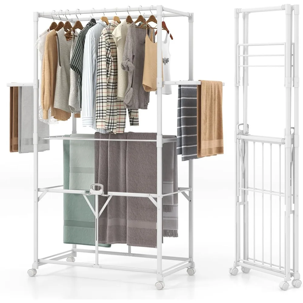 

Foldable Clothes Drying Rack, Collapsible Laundry Rack Stand with Hanging Rods, Folding Side Shelves, Removable Middle Shelf
