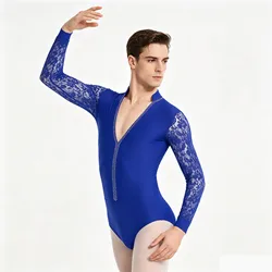 Mens Sparkling Rhinestones Latin Ballroom Dance Performance Costume Long Sleeves Bodysuit Shirt Tops Tango Latin Leotard Costume