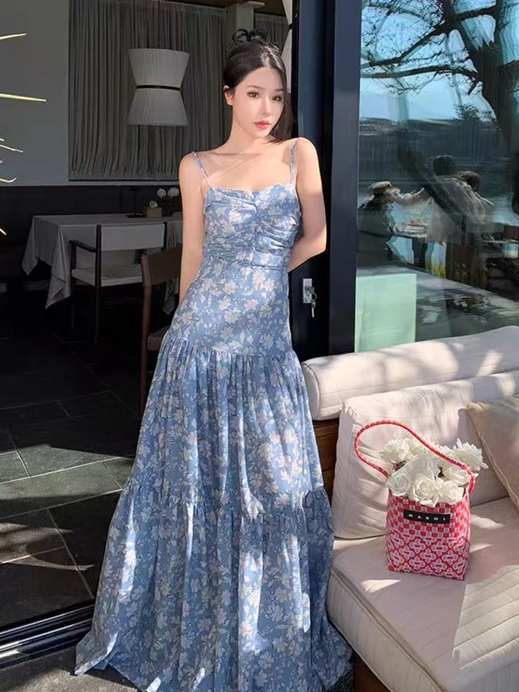 Seksowna Sukienka na Ramiączkach z Wycięciami Damska Letnia Vintage Kwiatowa Sukienka z Odkrytymi Ramionami Plisowana Y2K Sukienki na Cienkich Ramiączkach Wakacje na Plaży Vestidos