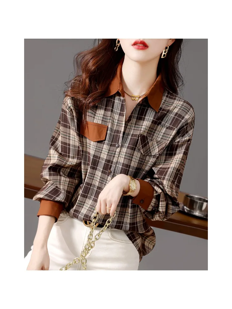 Autumn 2022 new autumn checkered patchwork contrasting loose classic plaid long sleeved versatile shirt women tops