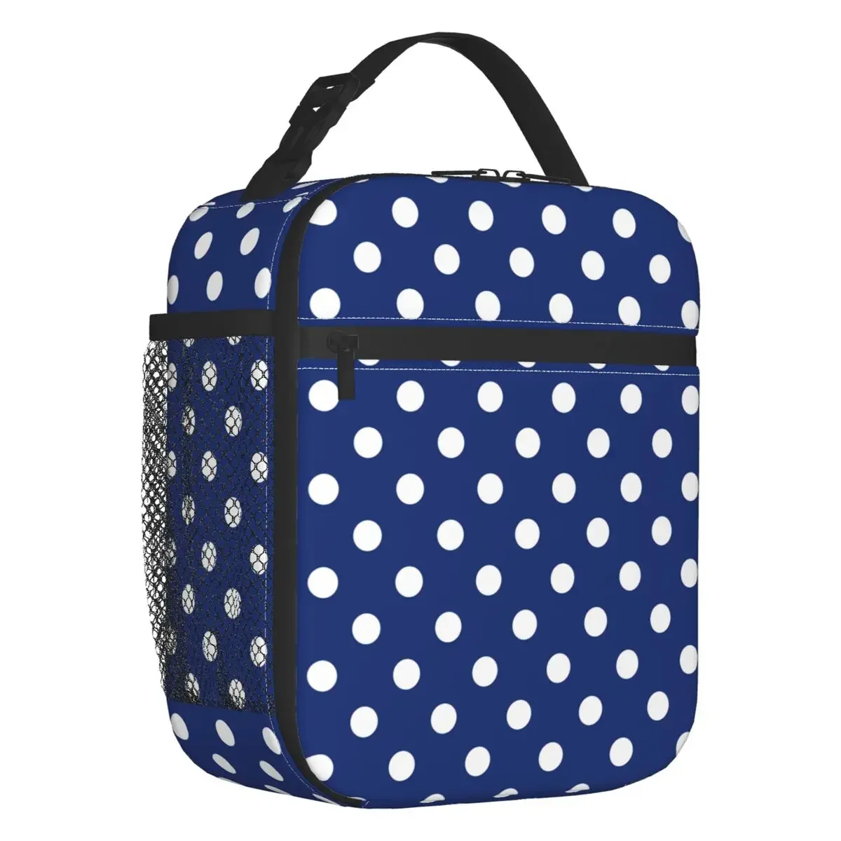 White Polka Navy Blue Seamless Pattern Portable Lunch Box Women Multifunction Thermal Cooler Food Insulated Lunch Bag Kids