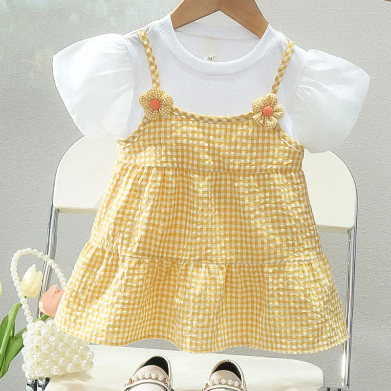 Verão Criança Menina Vestido Puff Manga Princesa Vestido Aniversário Traje Festa Roupa Infantil Flor Plaid Baby Girl Roupas A1082