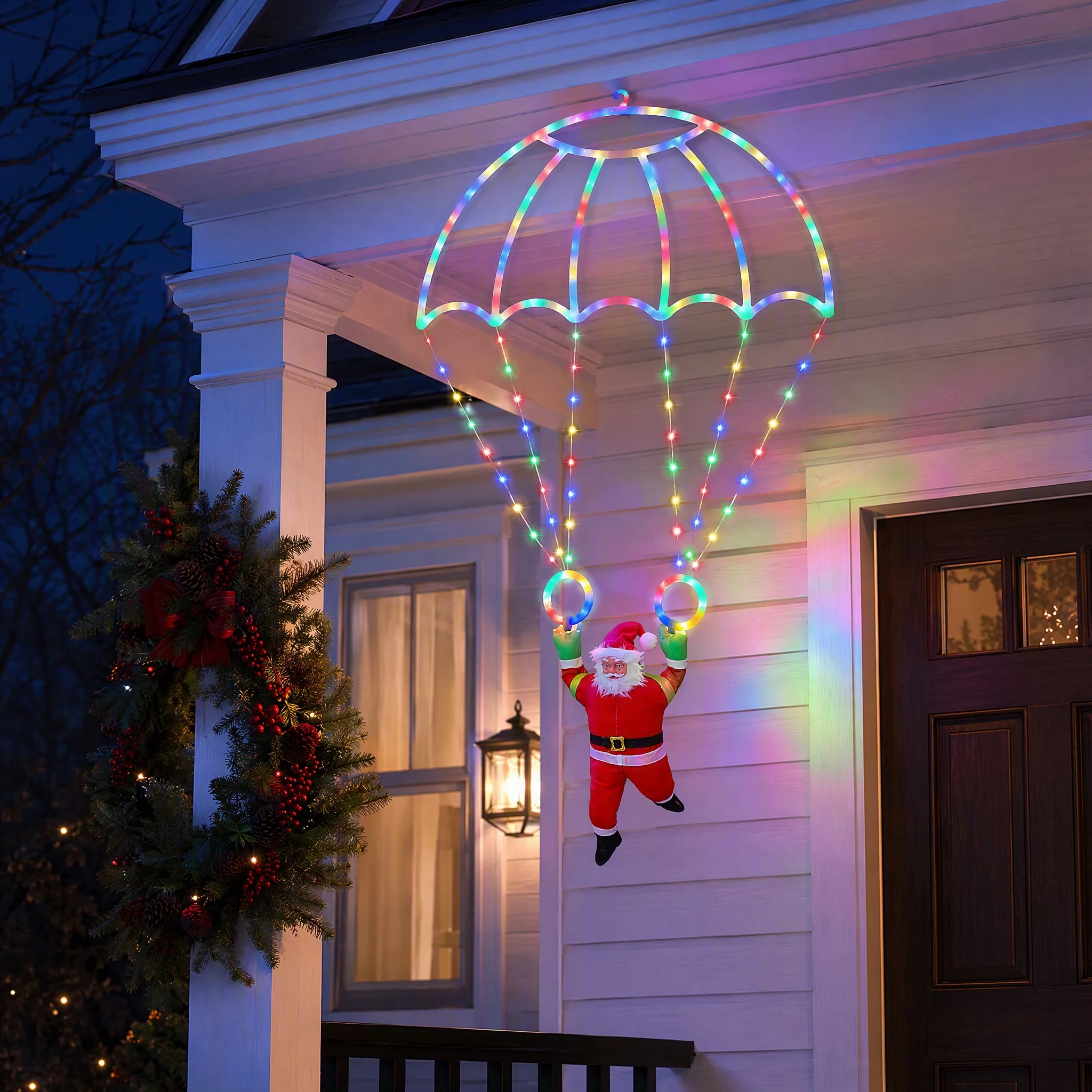 Christmas Parachute Lights with Santa Claus, USB Waterproof 8 Modes Hanging Xmas Light, Christmas Decorations Lights Outdoor
