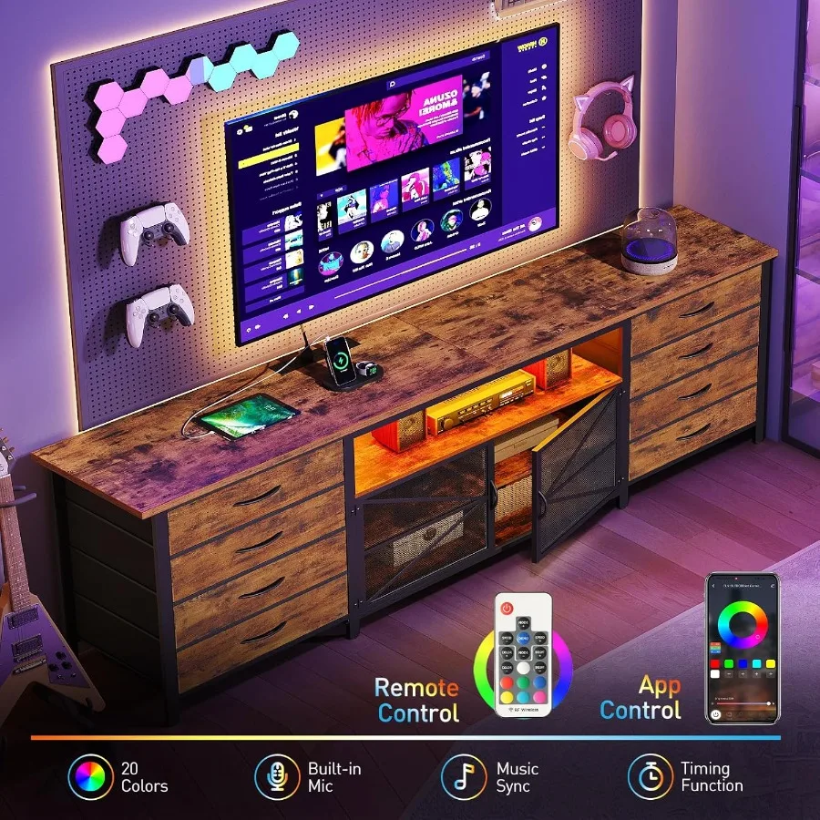 71 cômoda de suporte de TV para TV de 85/80/75 polegadas com tomadas de energia e luzes LED cômoda longa com 8 gavetas de tecido grande entretenimento