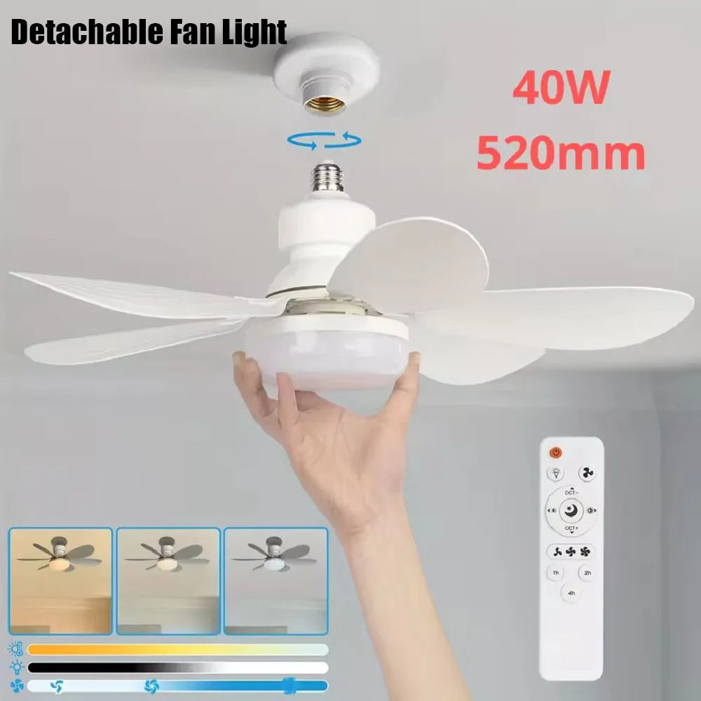 

40W Detachable Fan Light with Remote Control E27 Small Ceiling Fan Lamp For Room Office Study Kitchen 3 Color Modes Adjustable
