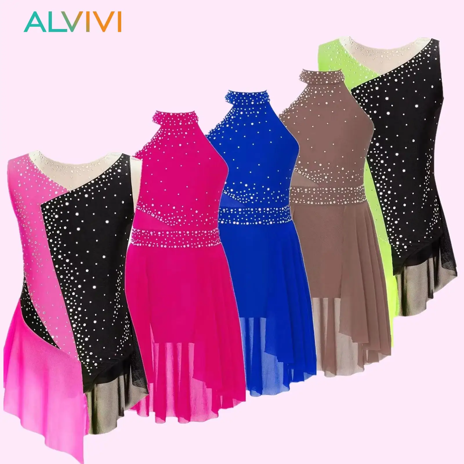 

Kids Girls Sparkly Rhinestone Ballet Jersey Dance Bodysuit Dress Sheer Mesh Gymnastics Artistic Figure Skating Leotard Costume