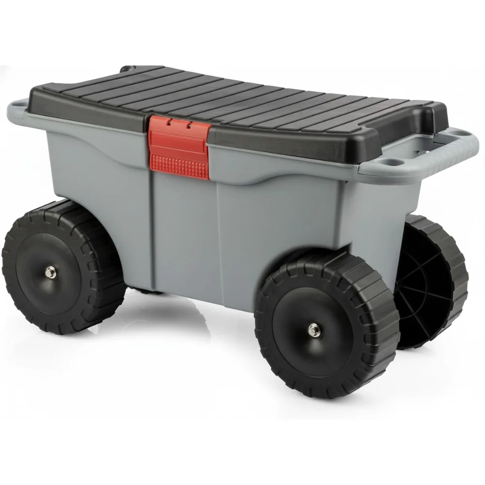 

Rolling Garden Cart with Seat - Durable Plastic Storage Bench Tool Tray for Weeding Planting Gardening Stool