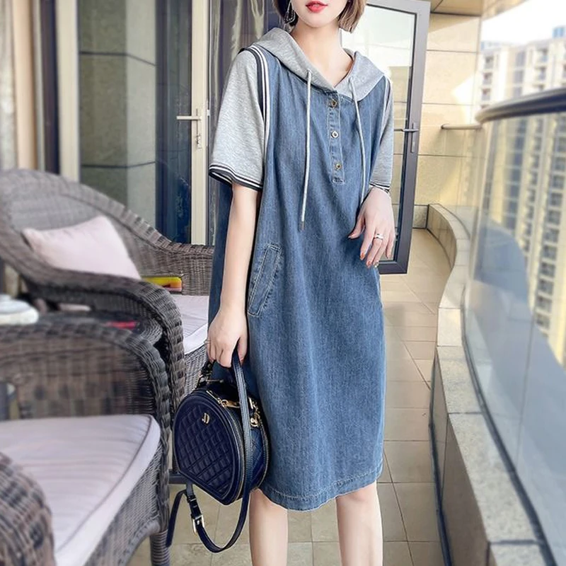 Women Korean Style Denim Patchwork Drawstring Pockets Midi Dress Summer Trendy Casual Streetwear Oversized Y2K Dresses Vestidos