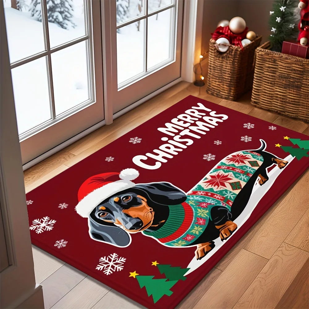 VIKAMA Weihnachts-Willkommensmatte mit Dackel-Hund, rutschfeste Eingangsmatte für Wohnzimmer, Schlafzimmer, Esszimmer, Küche, Heimdekoration
