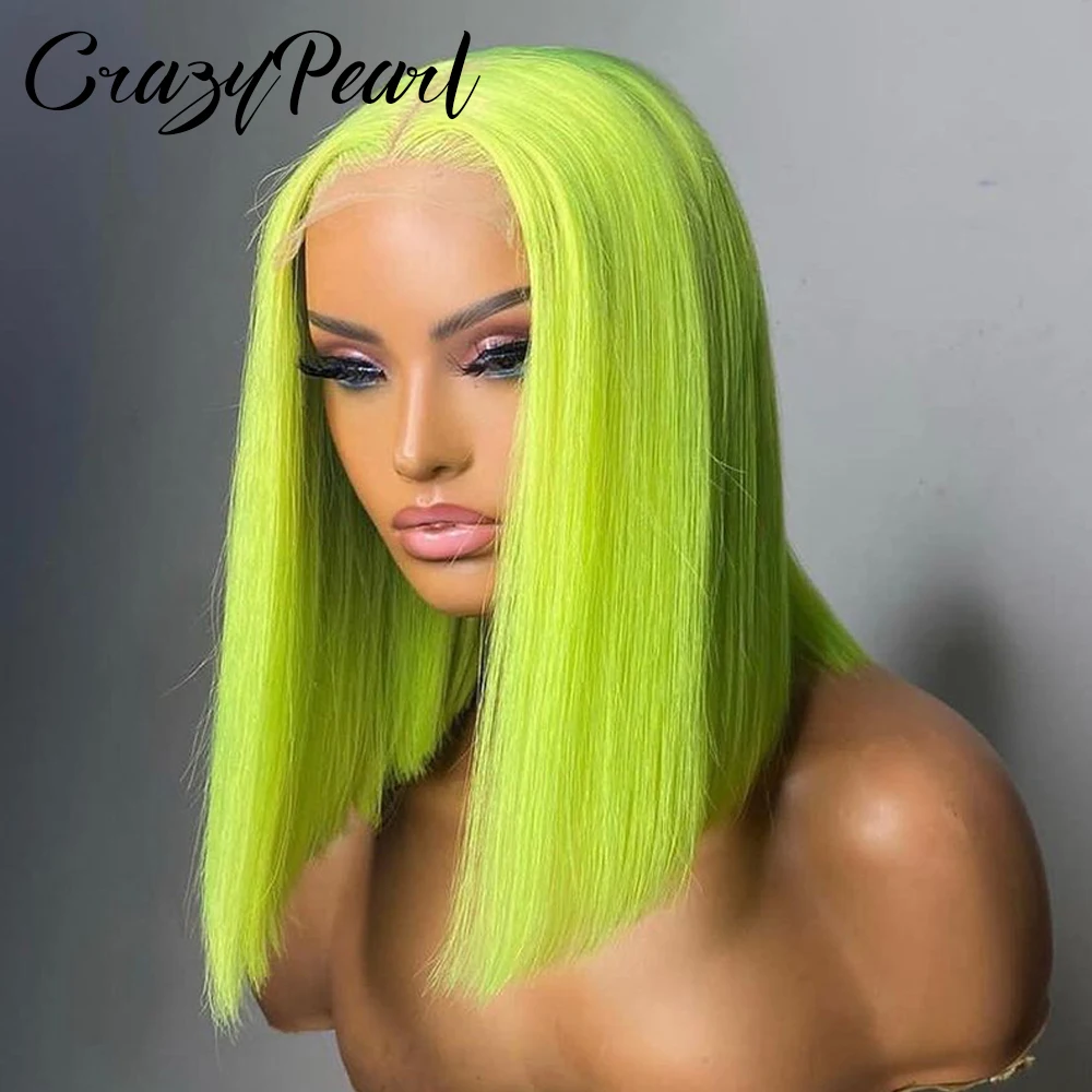 

CrazyPearl Lime Green Bob Wig Human Hair 13X4 Lace Front Wigs Green Wig Short Bob Wigs Straight Colored Short Lace Frontal Wigs