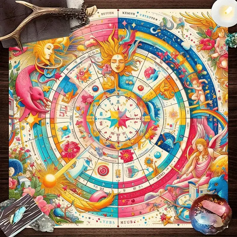 Tarot Altar Cloth Vintage Zodiac Wheel Angel Sun Astrology Divination Mat for Wicca Spiritual Tarot Reading Table Decor