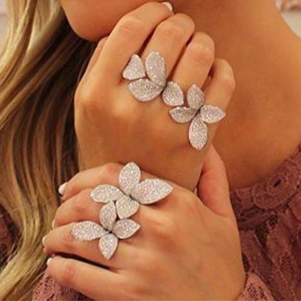 Missvikki Noble Luxury Fingers Ring Adjustable Fashion Blooming Flowers Full Shiny Cubic Zirconia Top Quality Stage Jewelry