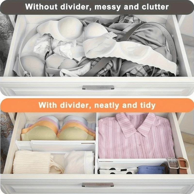 5PCS Adjustable Drawer Divider Set, Plastic Expandable, No-Drill, for Deep/Shallow Drawers, Underwear Socks Kitchen Desk Storage
