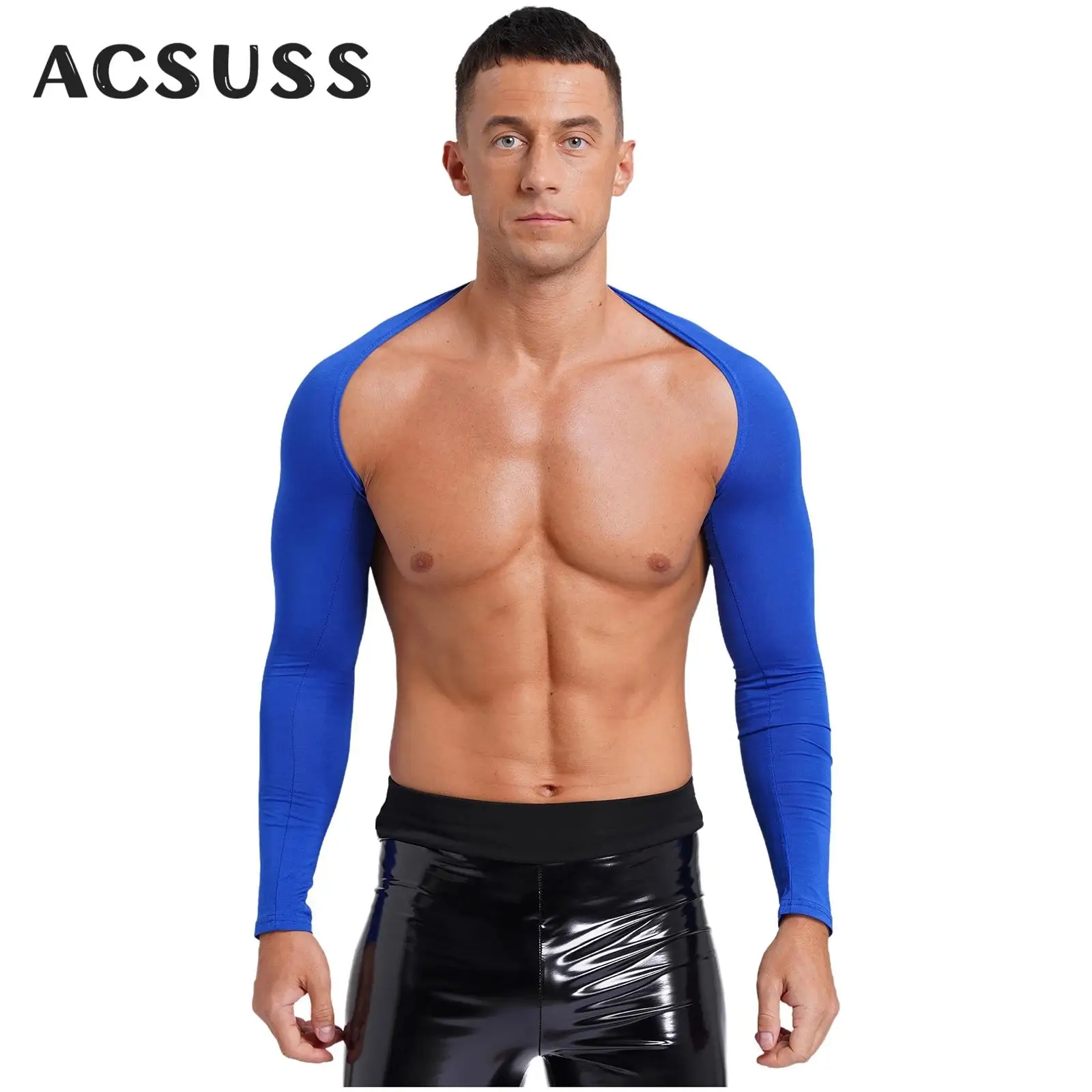 Men Open Front Half Crop Top Solid Long Sleeve Cardigan Bolero Shrug Tops Muscle Arm Sleeves Workout Sports Gym Tops Clubwear