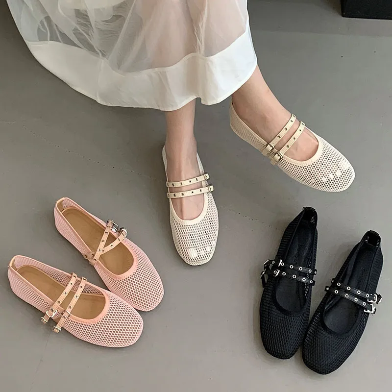

Pink Footwear Buckle Strap Women Flats With Shoes Summer Female Shallow Fashion Mesh Breathable Ladies Mary Janes Flats Shoes