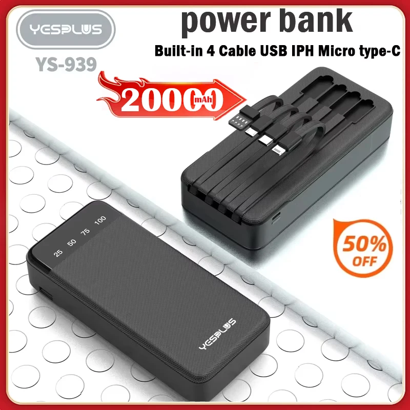 New Power Bank 20000mAh Large Capacity Fast Charging External Battery Comes with 4-Wire Charger LED Display Portable Power Bank