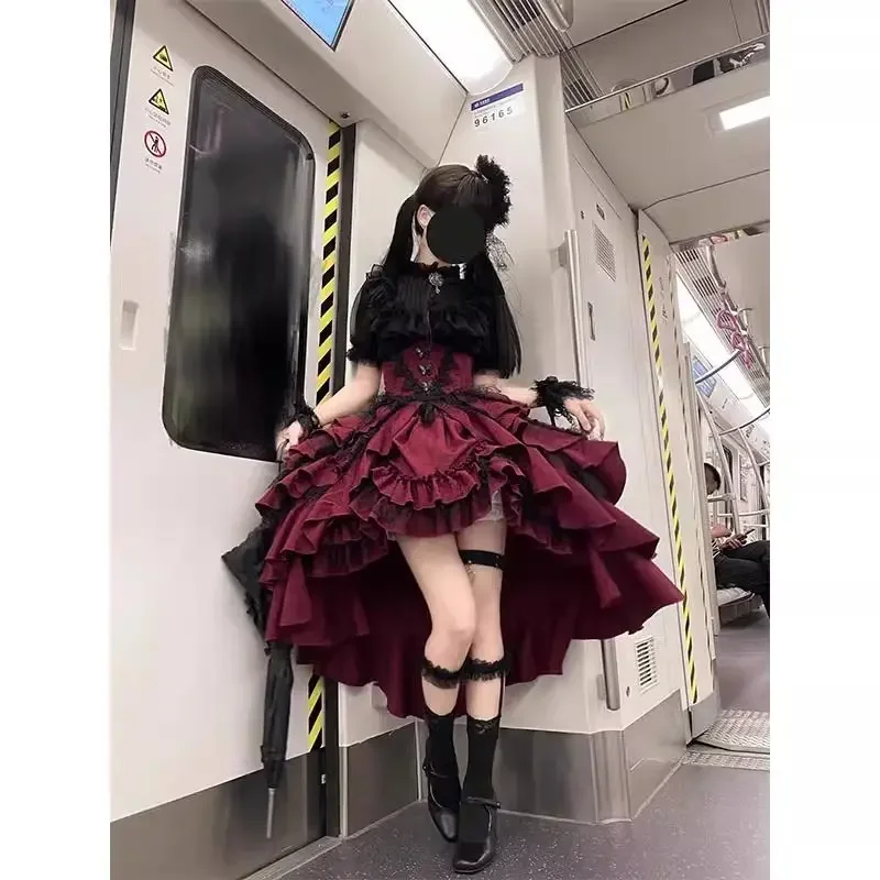 ゴシックロリータ スタンドカラー バブル半袖レースシャツ ハイウエスト スリム イレギュラー マルチレイヤー ミディスカート ツーピースセット