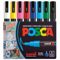 Uni Posca PC-3M 8 Colors Paint Markers Set Fine 0.9-1.3mm Acrylic Painting Pens for Fabric Glass Metal Wood Rock Graffitti DIY