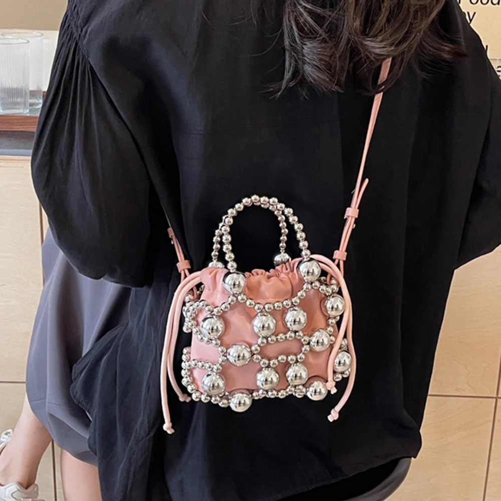 Bolsos de lujo con cuentas para mujer, bolsos de perlas tejidas huecas, bolso de hombro con cordón, bolso de noche para mujer, bolso de mano para fiesta y boda