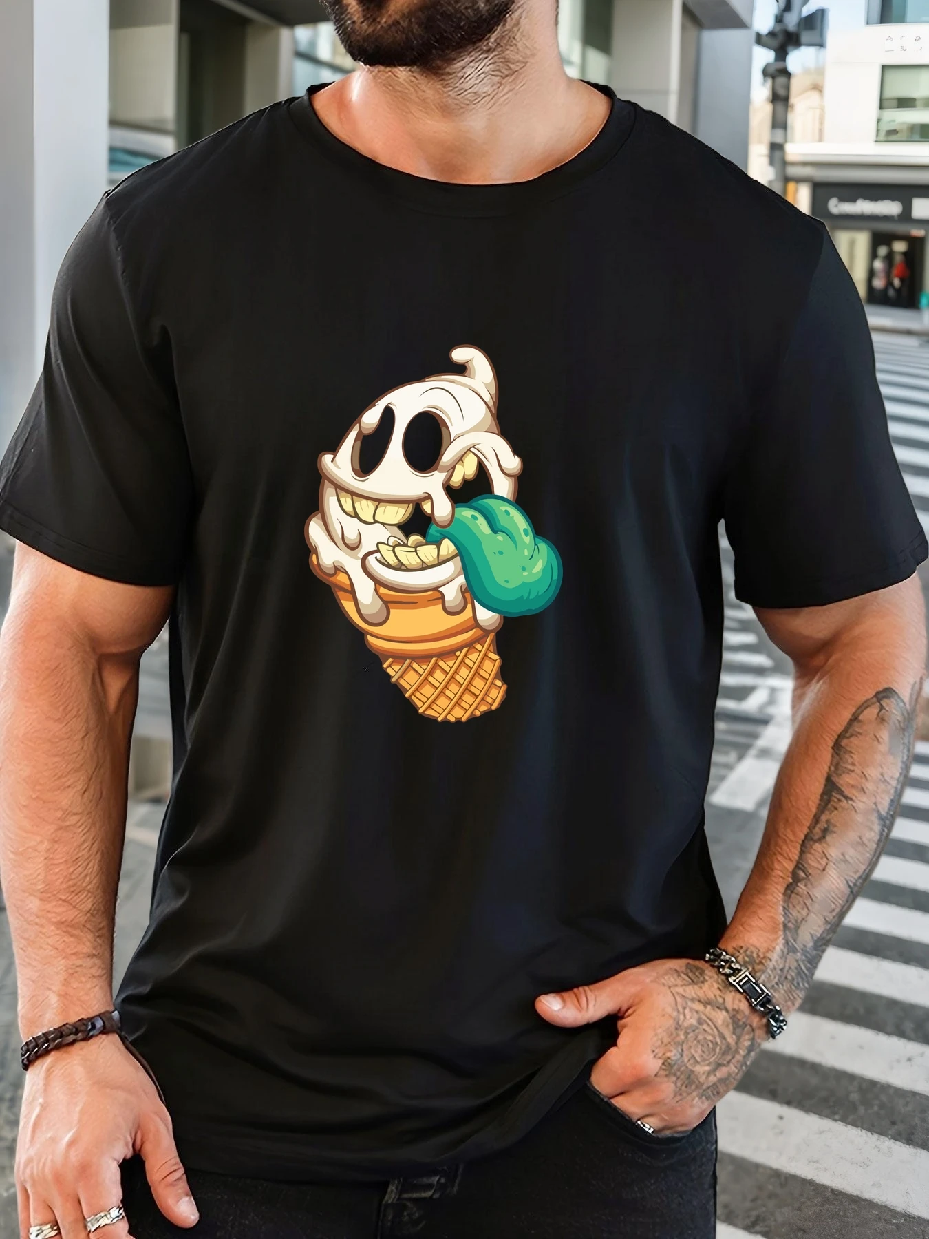 

Male Skull Ice Cream Pattern Summer Casual Crew Neck Short T-Shirt