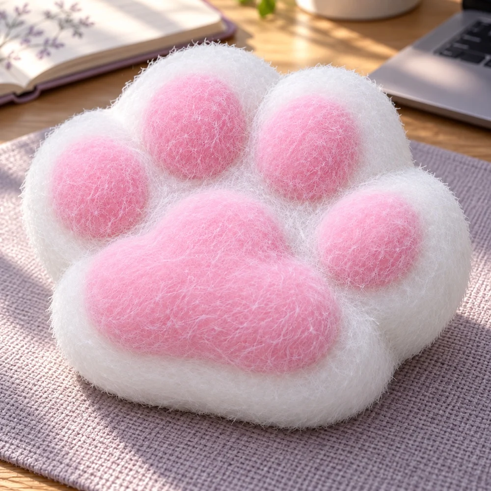 Cat Paw Squishy Squeeze Toy White Pink Flocked TPR Fidget with Soft Fuzzy Texture Cute Desk Companion Gift for Adults 1 Piece