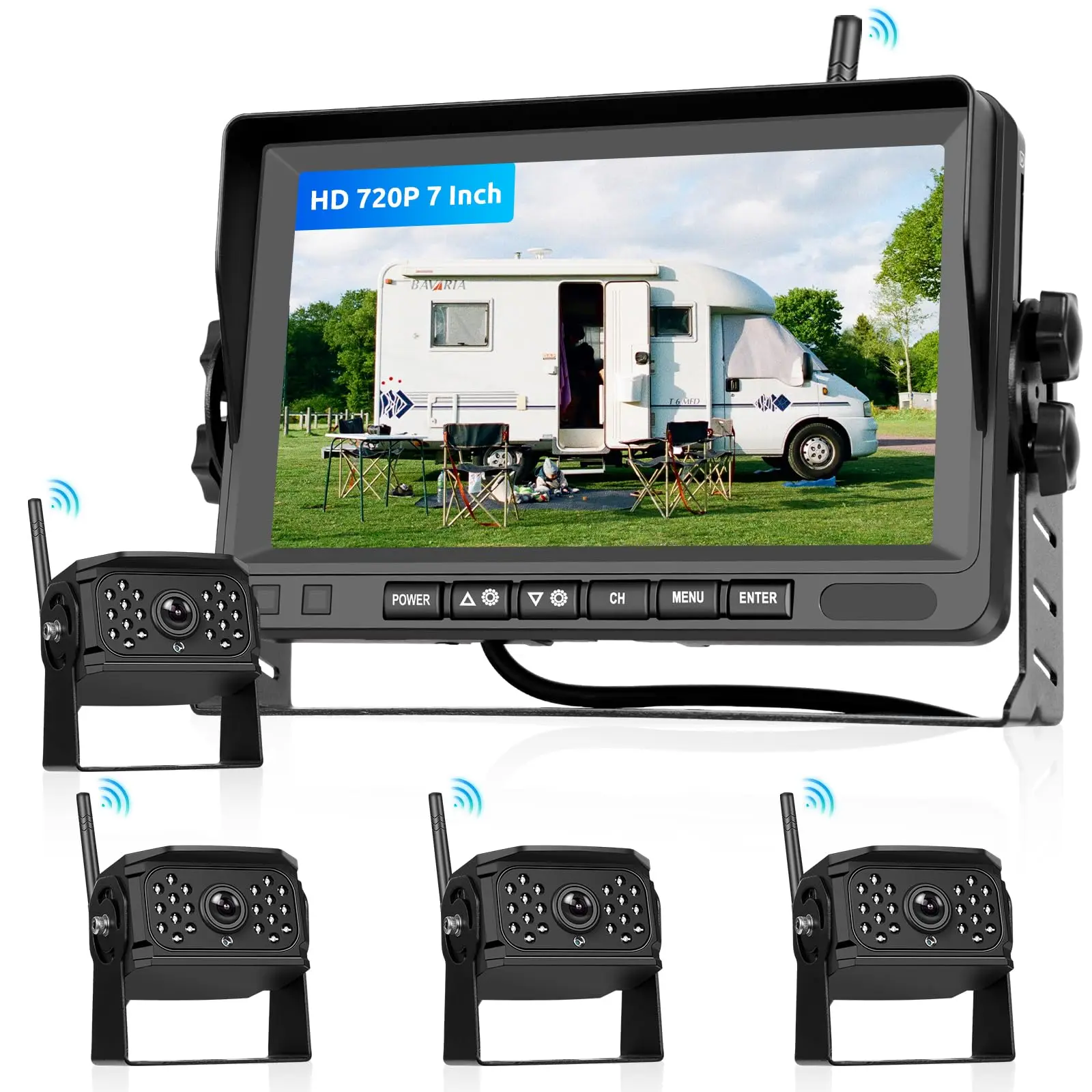 Wireless Backup Camera System 7 Inch IPS Monitor 1080P 4 Cameras Night Vision IP68 Waterproof Quad Split Recording RV Truck