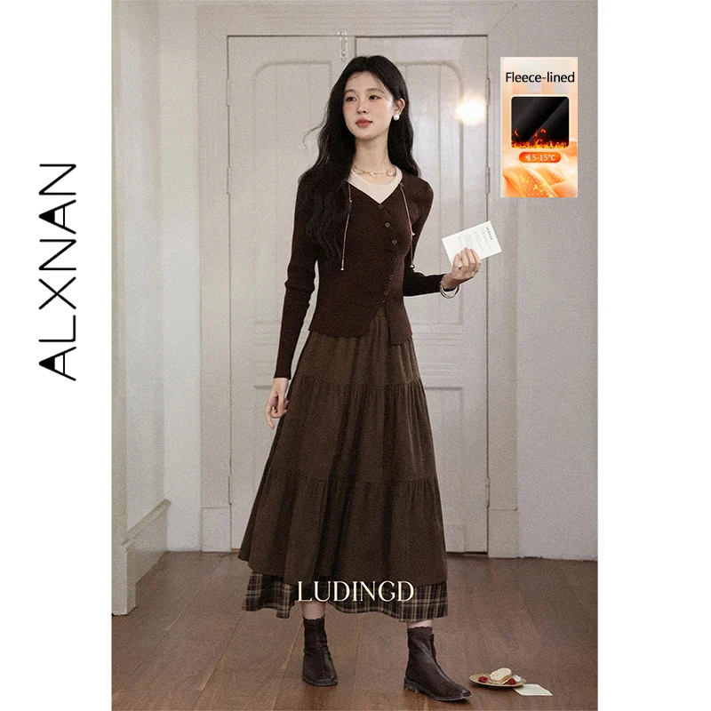 ALXNAN Fleece-lined Midi Skirt Brown Plaid Patchwork Long Skirt Fashion Vintage Elastic Waist Bow Slit Women's Clothing L57227-3