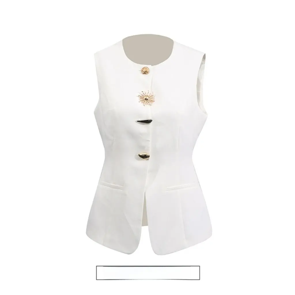 

Women's Slim Fit Asymmetrical Vest round Neck Button Detail Trendy Fashion Niche Design Casual Top