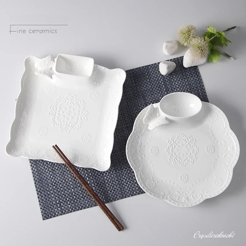 10inch, White Embossed Porcelain Party Plates for Snack, Ceramic Plate Cake with Sauce, Serving Plates Party, Potato Chip Tray