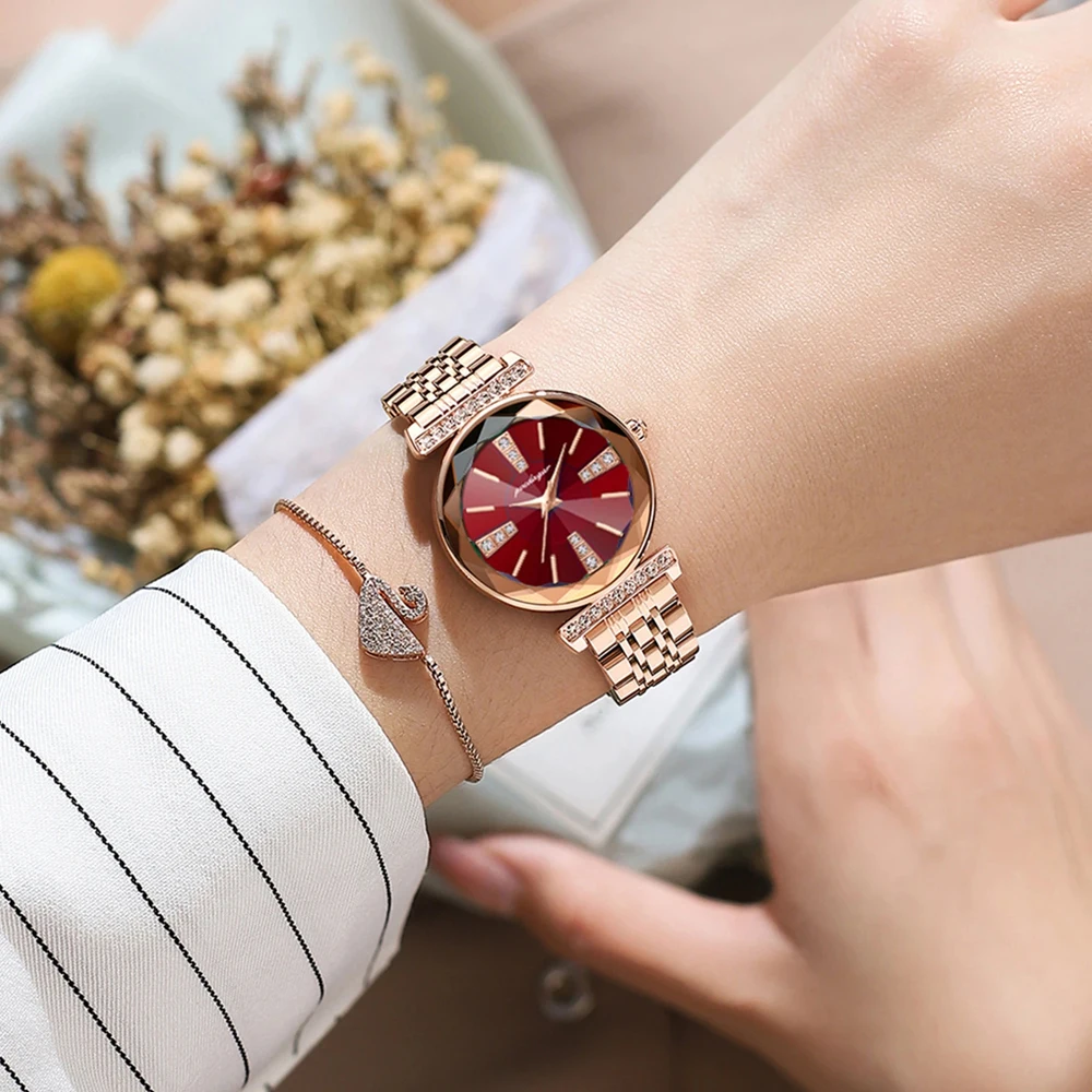 POEDAGAR 여성용 다이아몬드 시계, 로즈 골드 스테인레스 스틸 스트랩, 방수 패션 쿼츠 시계, 최고 브랜드 럭셔리, 신제품