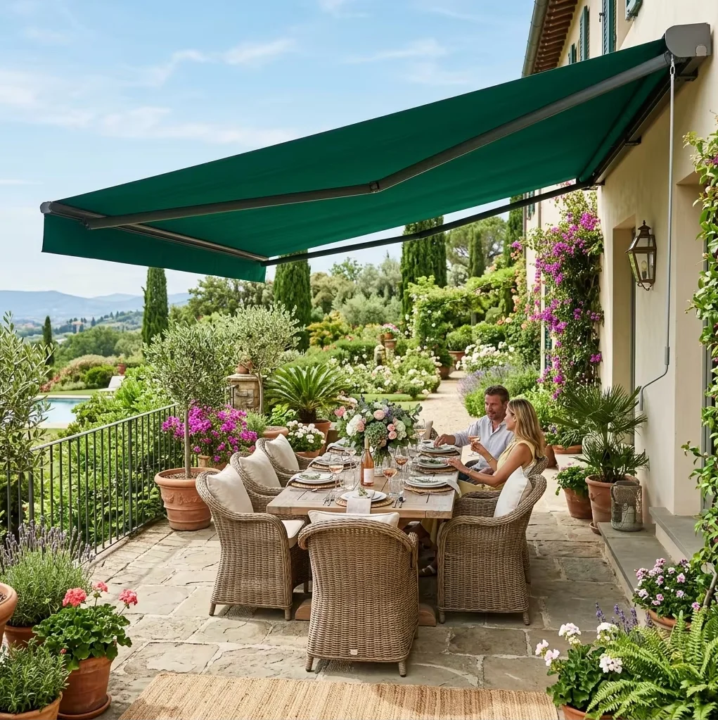 Premium Full Cassette Motorized Retractable Awning Remote Control Polyester Villa Balcony Outdoor Garden Rain Canopy
