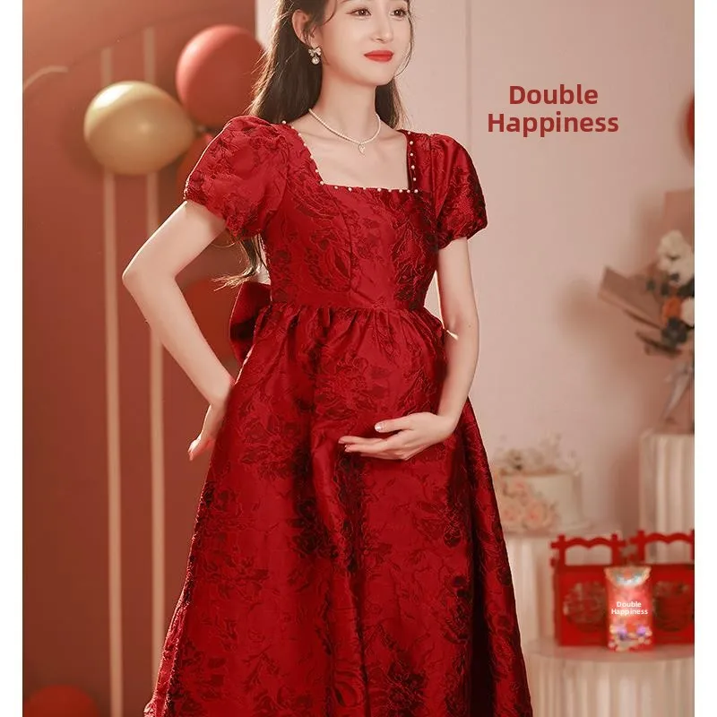 

Вечернее свадебное платье для беременных женщин, скрывающее живот, с длинной юбкой, красное, винтажное