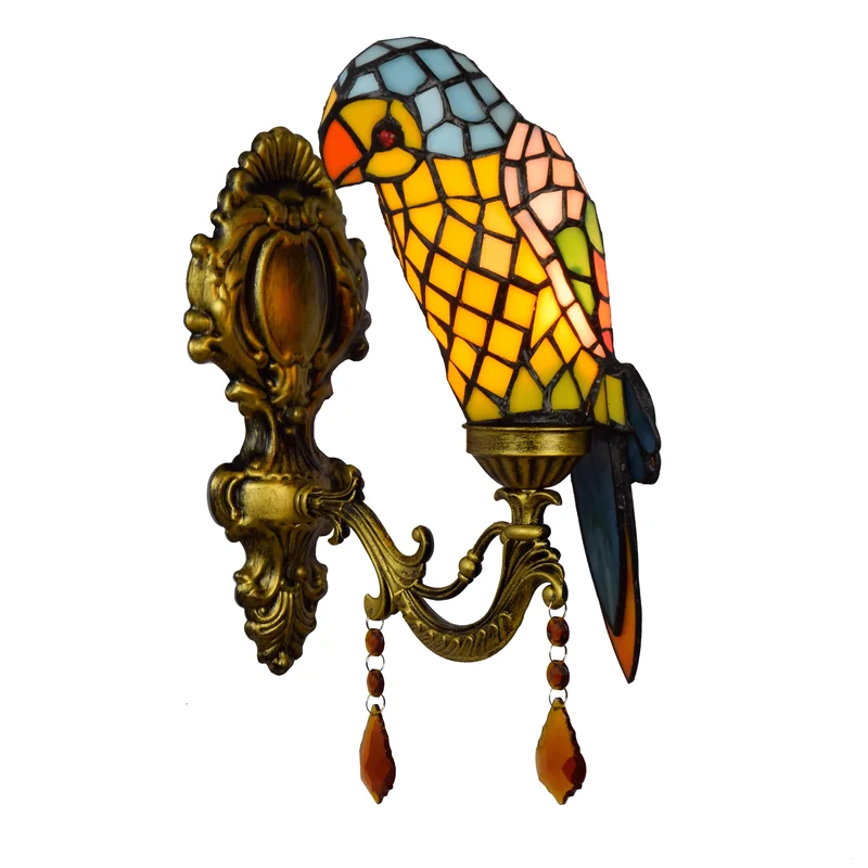 

Creative Retro Parrot Bar Corridor Crystal Wall Lamp Tiffany Stained Glass Living Room Restaurant Bedroom Bedside Mirror Lamps