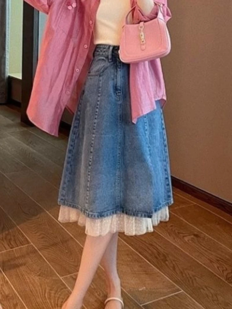 Französisch Chic Vintage A-Line Denim Rock Frauen Schlank Hohe Taille Seite Split Spitze Detail Casual Mid-Länge Rock Koreanische mode Rock