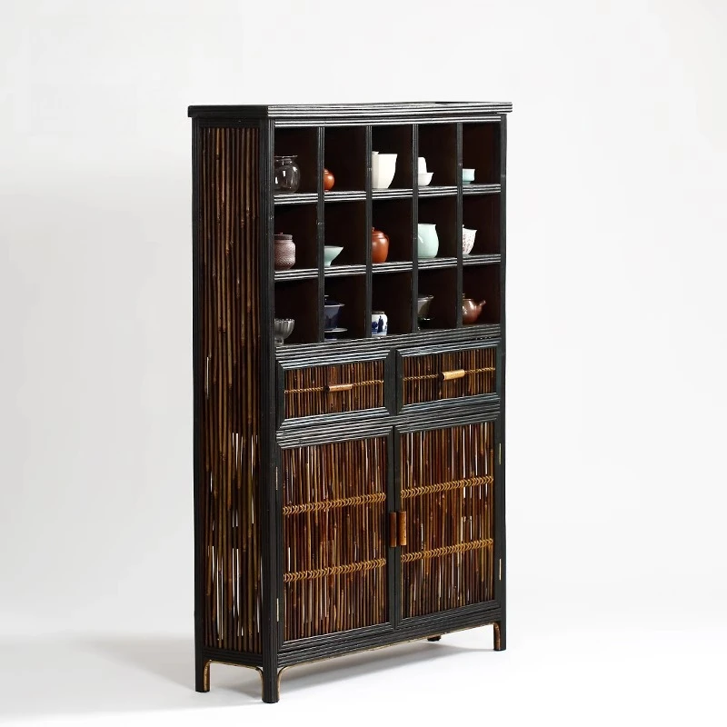 

Tea cabinet Bamboo wall side cabinet shelf Teapot utensils display rack Storage tea shed